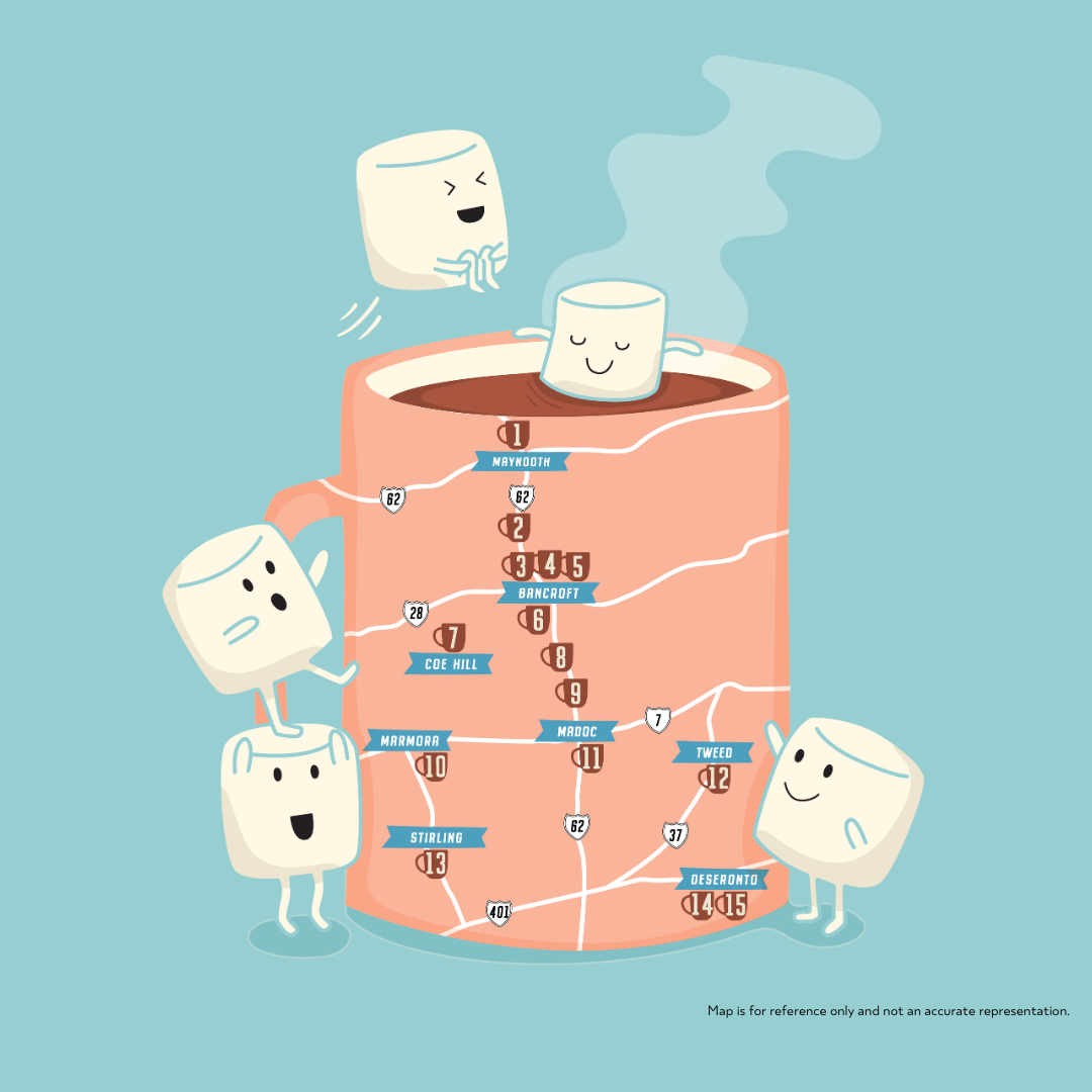 Cartoon of marshmellows climbing into hot chocolate, map on the mug showing places to get hot chocolate in Hastings County. 